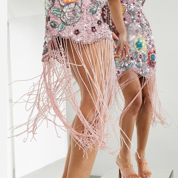 ASOS EDITION Pink Floral Embellished Cami Dress with Fringe - Picture 3 of 10